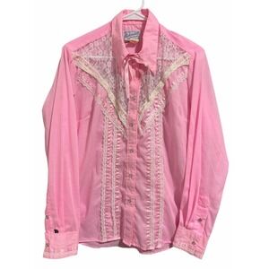 Vintage Rockmount Ranch Wear Pearl Snap Pink Lace Women's Shirt Size 38
